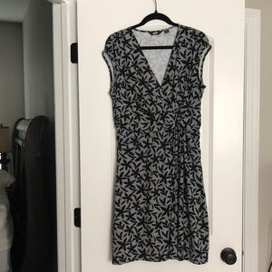 Lands' End Black & White Floral-Print  striped Wrap style Dress L stretch L